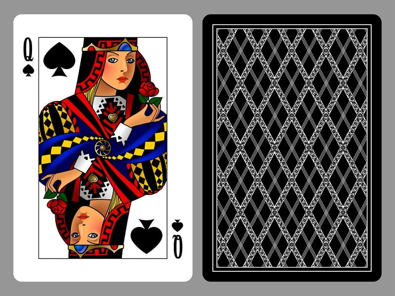 Pik-Dame-Spielkarte und der Hintergrund der Rückseite