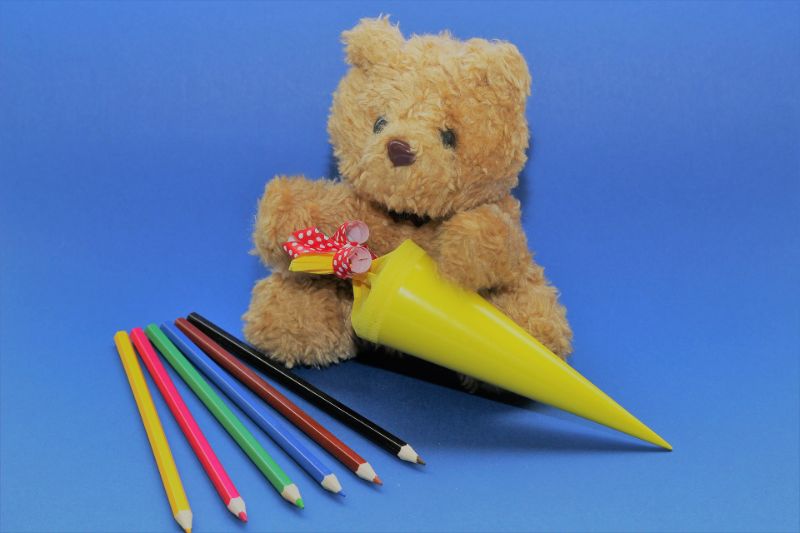 Zuckertüte - Ideen, Tipps und alles über das bunte Wunder Ein-Bär-hält-einen-Zuckertute-und-viele-Stifte-neben-sich-min