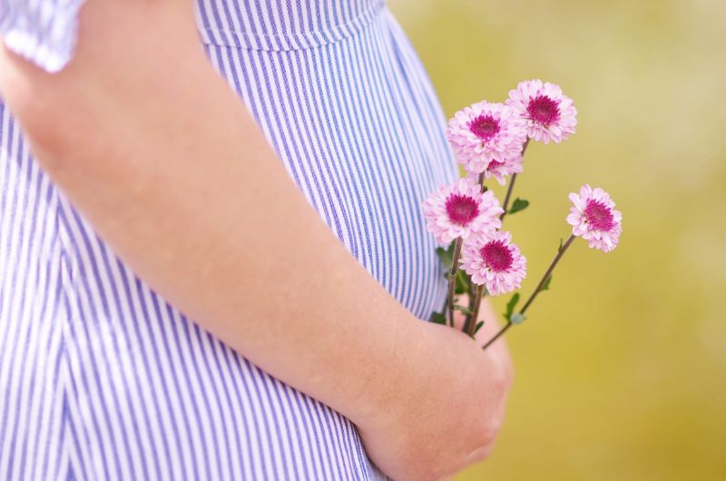 Mutter-halt-Blume-vor-ihrem-schwangeren-Bauch