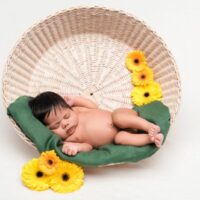 Nettes neugeborenes Rassenbaby, das im Korb nahe Blumen schläft