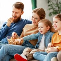 Glückliche junge Eltern mit süßen Kindern, die auf der Couch im Wohnzimmer sitzen und Fernsehen, Film, Netflix schauen
