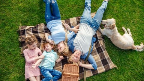 Familie mit Hund beim Picknick