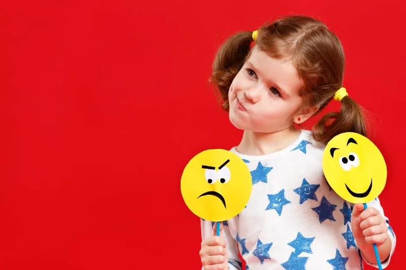 Konzept der Emotionen der Kinder. Kind Mädchen wählt Emotion