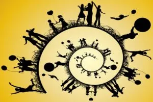 Silhouetten des Lebens in einer Spirale.