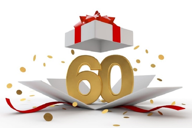 Alles Gute zum 60. Geburtstag goldene Überraschungsbox mit rotem Band