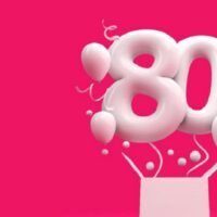 Alles Gute zum 80. Geburtstag Überraschungsballon und Box. 3D-Rendering
