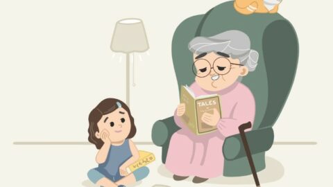 Oma erzählt der süßen Enkelin Geschichten und liest Geschichten vor, während die Katze auf der Couch schläft.