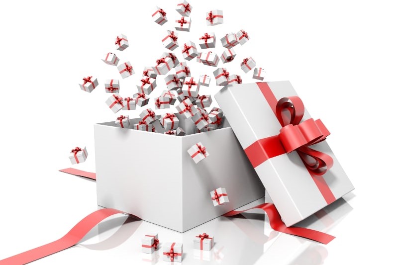 Rendern-Sie-eine-weise-Geschenkbox-mit-einem-roten-Band-das-kleine-Geschenkboxen-wirft